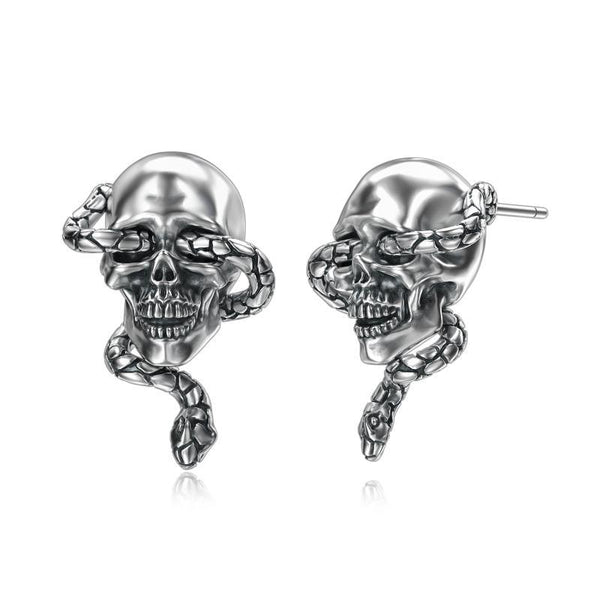 Skull Earrings - Gothic Jewelry - Sterling Silver Snake Earrings - Dragon Jewelry